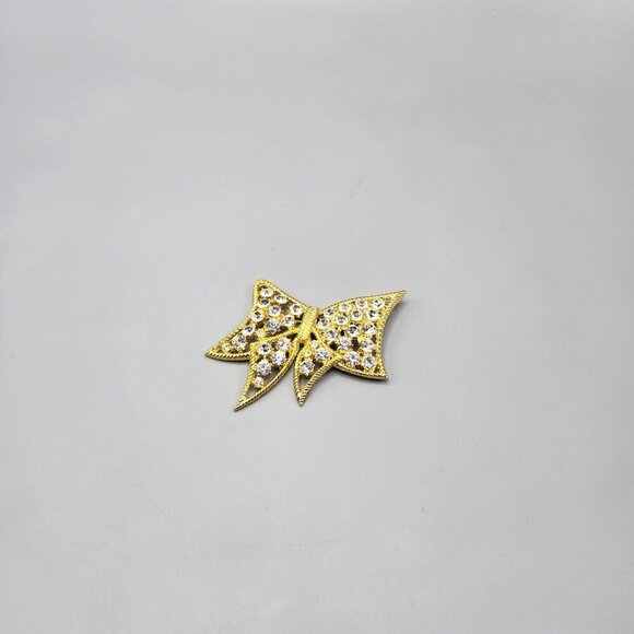 Flat Bow Brooch Pin Costume Jewelry Gold Tone Clear Stones Holiday Gift Xmas - Picture 2 of 11